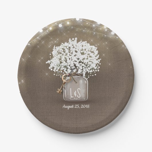 Assiettes En Carton Bébé's Breath Mason Jar Rustic Burlap Mariage (Devant)