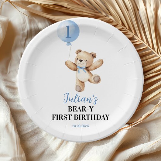 Assiettes En Carton Bécasseau mignon Ourson Bleu Boulon Anniversaire