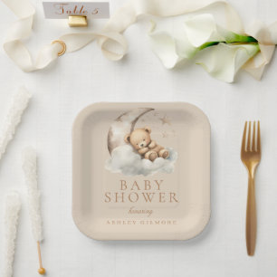 Assiettes En Carton Beige mignon Ours Teddy Baby shower neutre