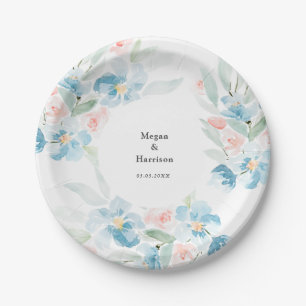 Assiettes En Carton Belle aquarelle bleu rose et fleurs bleues