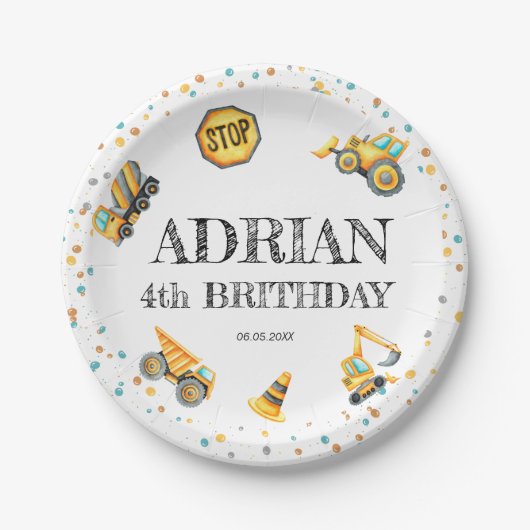 Assiettes En Carton Belle aquarelle d'anniversaire Véhicules de constr (Devant)