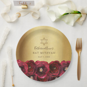Assiettes En Carton Belle Bat Mitzvah Fleur de Rose Rouge Élégante en