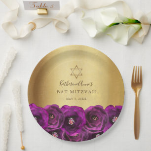 Assiettes En Carton Belle Bat Mitzvah Rose Florale Rose Magenta Or