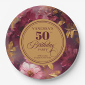 Assiettes En Carton Belle Boho Maroon Blush Gold 50e Anniversaire Plat (Devant)