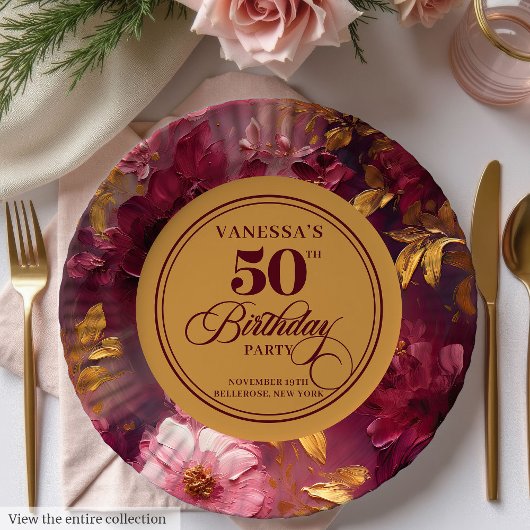 Assiettes En Carton Belle Boho Maroon Blush Gold 50e Anniversaire Plat