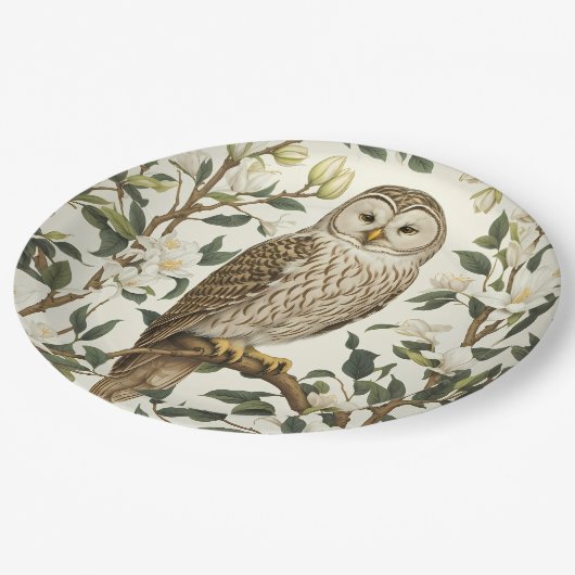 Assiettes En Carton Belle Chouette De L'Oural Et Fleurs De Magnolia (Angle)