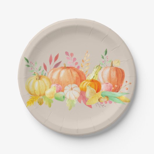 Assiettes En Carton Belle Citrouille Automne Thanksgiving Aquarelle (Devant)