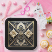 Assiettes En Carton Belle Crème d'ivoire Art Déco Noir Or (Fête)