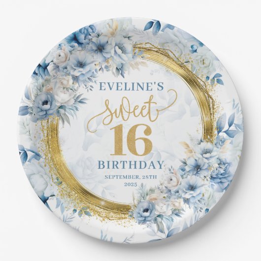 Assiettes En Carton Belle Douce 16 Plaques de Parties scintillant bleu (Devant)