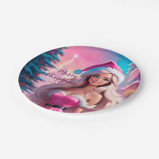 Assiettes En Carton Belle fille de Noël rose 01 (Angle)