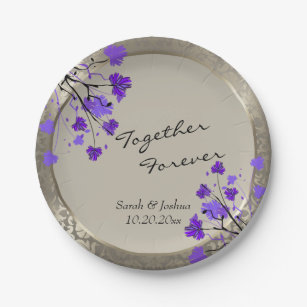 Assiettes En Carton Belle Florale violette et Damas d'argent antique