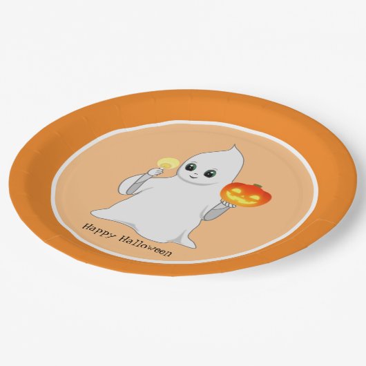 Assiettes En Carton Belle Halloween Ghost & Citrouille sur Orange (Angle)