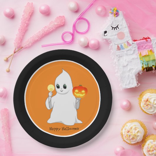 Assiettes En Carton Belle Halloween Ghost & Citrouille sur Orange & Bl (Fête)