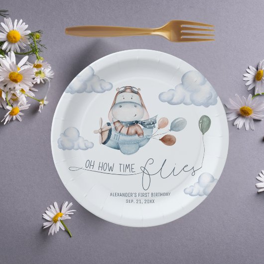 Assiettes En Carton Belle Hippo Vol Avion & Nuages, Premier Anniversai