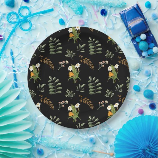 Assiettes En Carton Belle impression botanique de mode foncé (Fête)