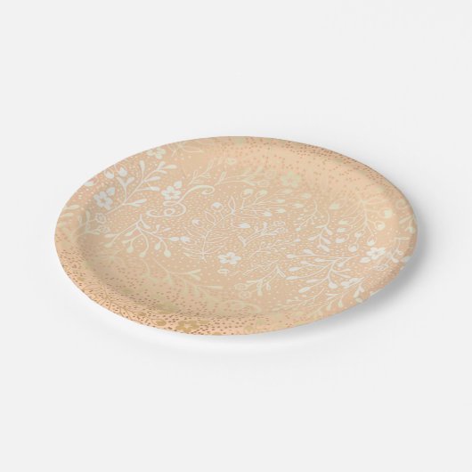 Assiettes En Carton Belle Pêche et Or Floral Mariage élégant (Angle)