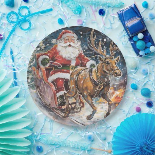 Assiettes En Carton Belle Père Noël Abstraite et renne dans une ruée (Fête)