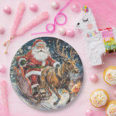 Assiettes En Carton Belle Père Noël Abstraite et renne dans une ruée (Fête)