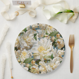 Assiettes En Carton Belle pivoine blanche et motif magnolia