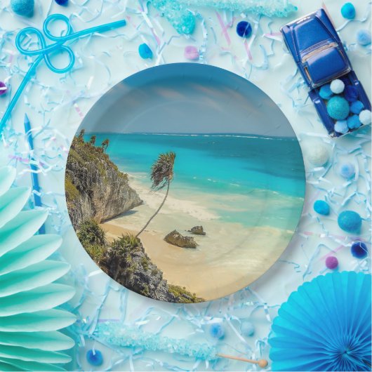Assiettes En Carton Belle plage de sable Paradis tropical (Fête)