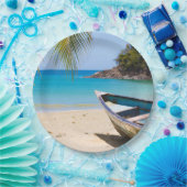Assiettes En Carton Belle plage tropicale avec bateau à rames (Fête)