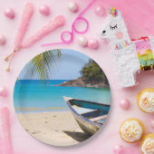Assiettes En Carton Belle plage tropicale avec bateau à rames (Fête)