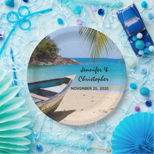 Assiettes En Carton Belle plage tropicale avec un Mariage en bateau (Fête)