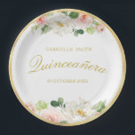 Assiettes En Carton belle Quinceanera rose floral<br><div class="desc">belle aquarelle couleur rose vif design floral avec texte or.</div>