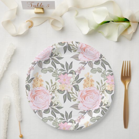 Assiettes En Carton Belle rose fleurie et feuillage vert (Mariage)