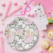 Assiettes En Carton Belle rose fleurie et feuillage vert (Fête)