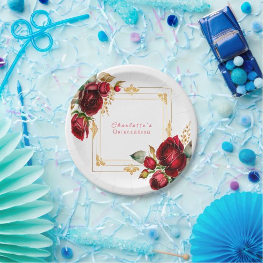 Assiettes En Carton Belle Roses Rouges Or Filigree Quinceañera (Fête)