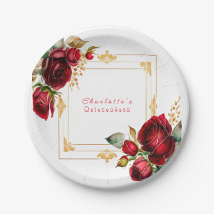 Assiettes En Carton Belle Roses Rouges Or Filigree Quinceañera