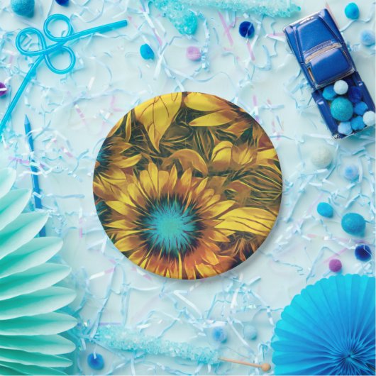 Assiettes En Carton Belle Tournesol Jaune Turquoise motif floral (Fête)