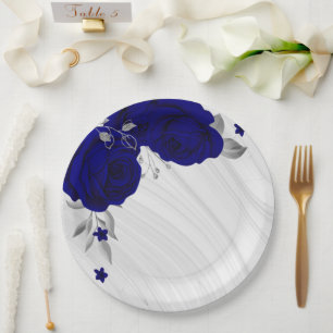 Assiettes En Carton Belles fleurs bleues royales marbre gris argent