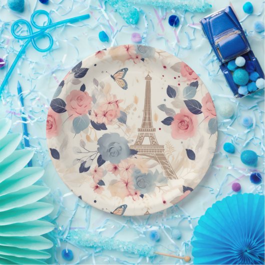 Assiettes En Carton Belles Fleurs et Tour Eiffel Paris (Fête)