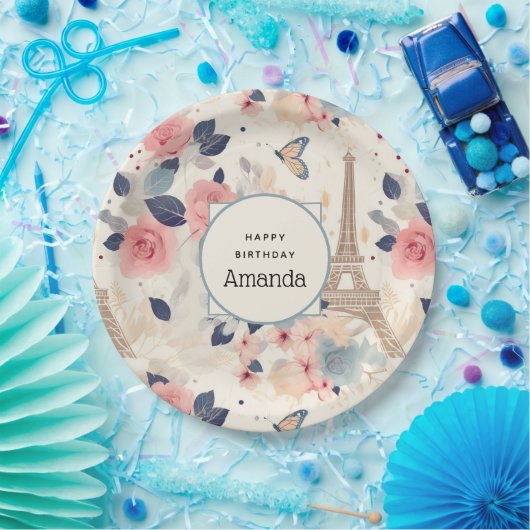 Assiettes En Carton Belles Fleurs et Tour Eiffel Paris Anniversaire (Fête)