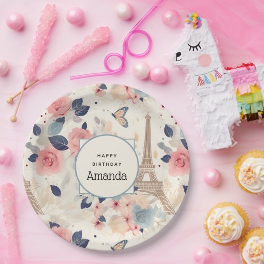 Assiettes En Carton Belles Fleurs et Tour Eiffel Paris Anniversaire (Fête)