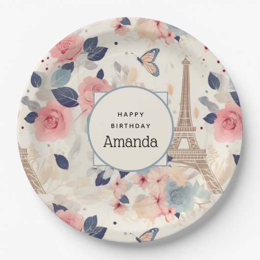 Assiettes En Carton Belles Fleurs et Tour Eiffel Paris Anniversaire (Devant)
