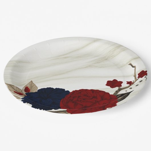 Assiettes En Carton Belles fleurs rouges et marines botaniques (Angle)