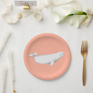 Assiettes En Carton Béluga Illustration de baleines Dots d'or Coral