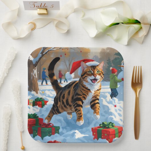 Assiettes En Carton Bengale Chat Noël Festive Scène de neige (Mariage)