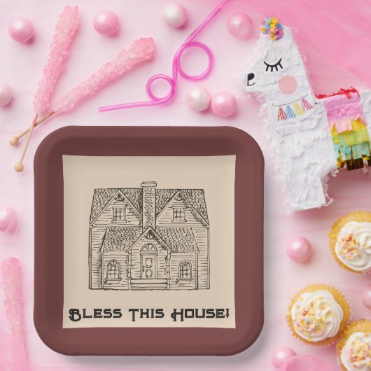 Assiettes En Carton Bénis cette maison avec texte et image modèles (Fête)