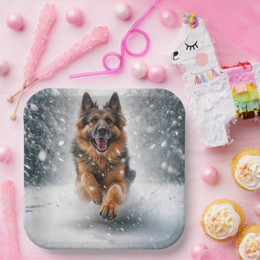 Assiettes En Carton Berger Allemand Courant Dans La Neige (Fête)