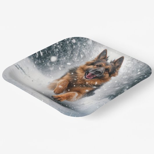 Assiettes En Carton Berger Allemand Courant Dans La Neige (Angulaire)