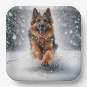 Assiettes En Carton Berger Allemand Courant Dans La Neige