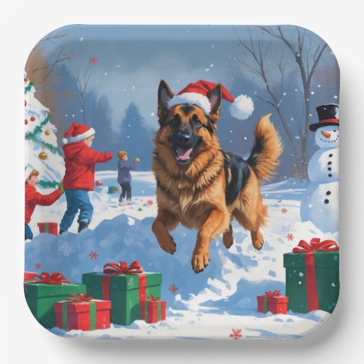 Assiettes En Carton Berger allemand courant dans la neige avec Casquet (Recto)