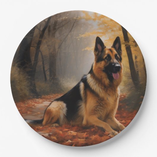 Assiettes En Carton Berger allemand en automne Feuilles automne Inspir (Devant)