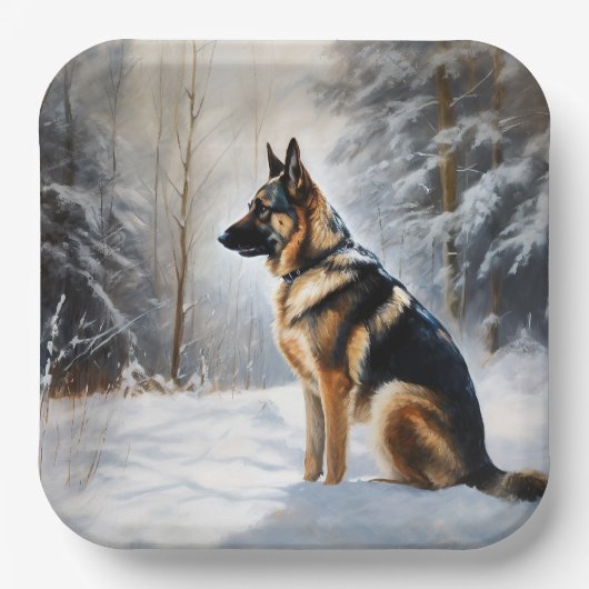 Assiettes En Carton Berger Allemand Laisser Neige Noël (Recto)