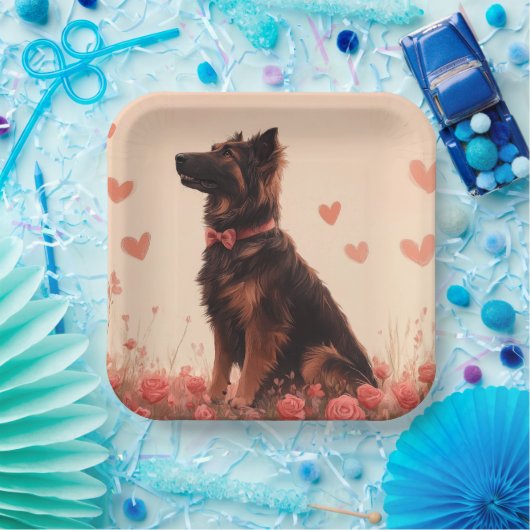 Assiettes En Carton Berger anatolien avec Rose - Saint-Valentin (Fête)