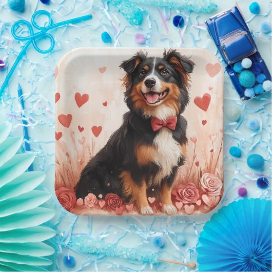 Assiettes En Carton Berger australien avec Rose - Saint Valentin (Fête)